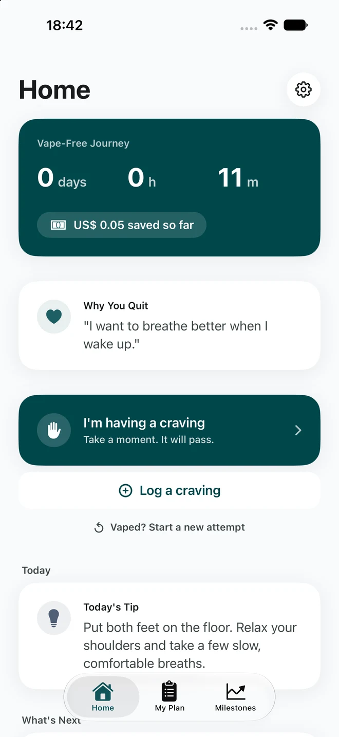 Easy Quit Vape Home: vape-free time, estimated savings, your reason to quit and a button for craving support.
