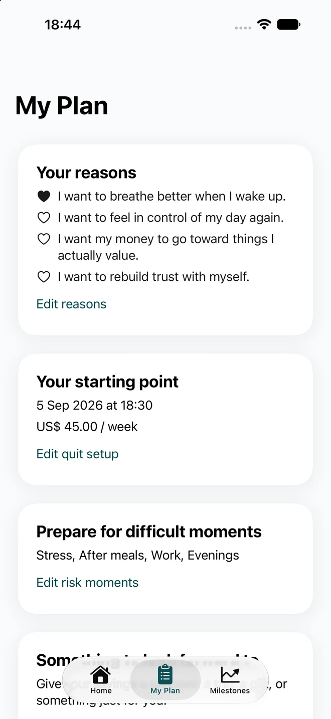 My Plan screen with a quit date, personal reasons and spending estimate.